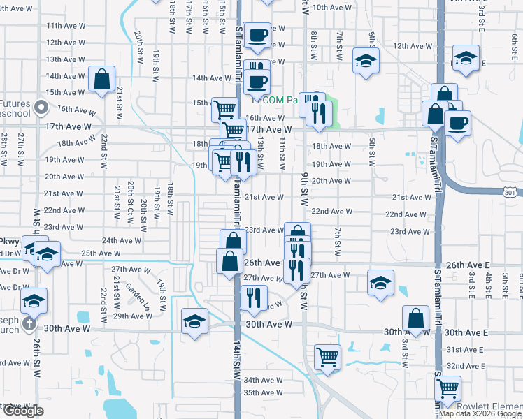 map of restaurants, bars, coffee shops, grocery stores, and more near 2175 12th Street West in Bradenton