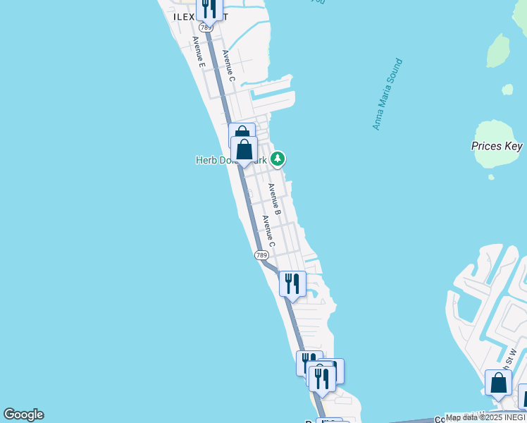 map of restaurants, bars, coffee shops, grocery stores, and more near 2313 Gulf Drive North in Bradenton Beach