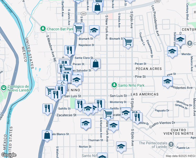 map of restaurants, bars, coffee shops, grocery stores, and more near 2707 Pine Street in Laredo