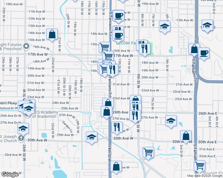 map of restaurants, bars, coffee shops, grocery stores, and more near 2207 Tamiami Trail in Bradenton