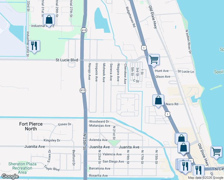 map of restaurants, bars, coffee shops, grocery stores, and more near 2578 Seneca Avenue in Fort Pierce