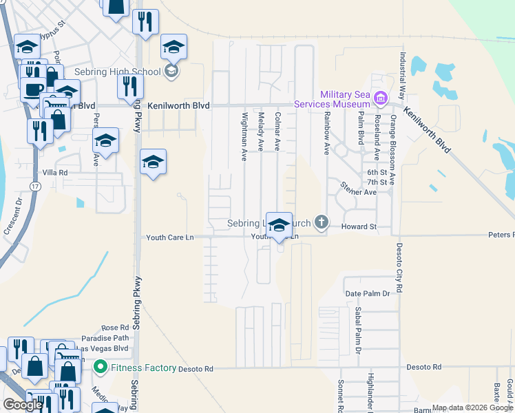 map of restaurants, bars, coffee shops, grocery stores, and more near 2021 Melady Avenue in Sebring