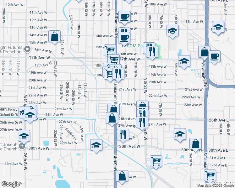 map of restaurants, bars, coffee shops, grocery stores, and more near 2207 Tamiami Trail in Bradenton