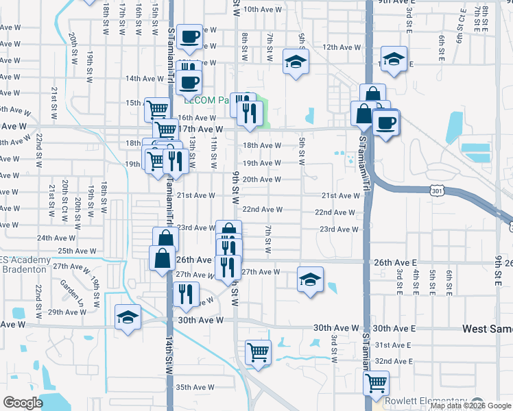 map of restaurants, bars, coffee shops, grocery stores, and more near 819 22nd Avenue West in Bradenton