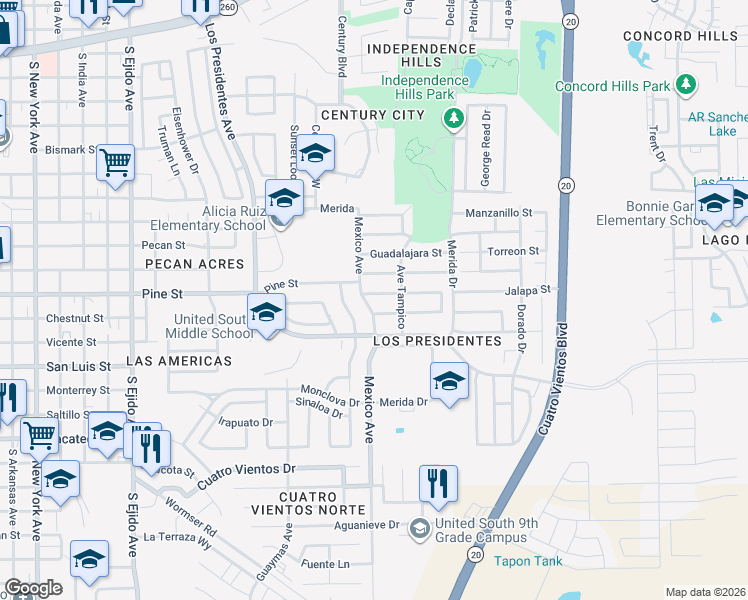 map of restaurants, bars, coffee shops, grocery stores, and more near 3908 Calle Tuxpan in Laredo