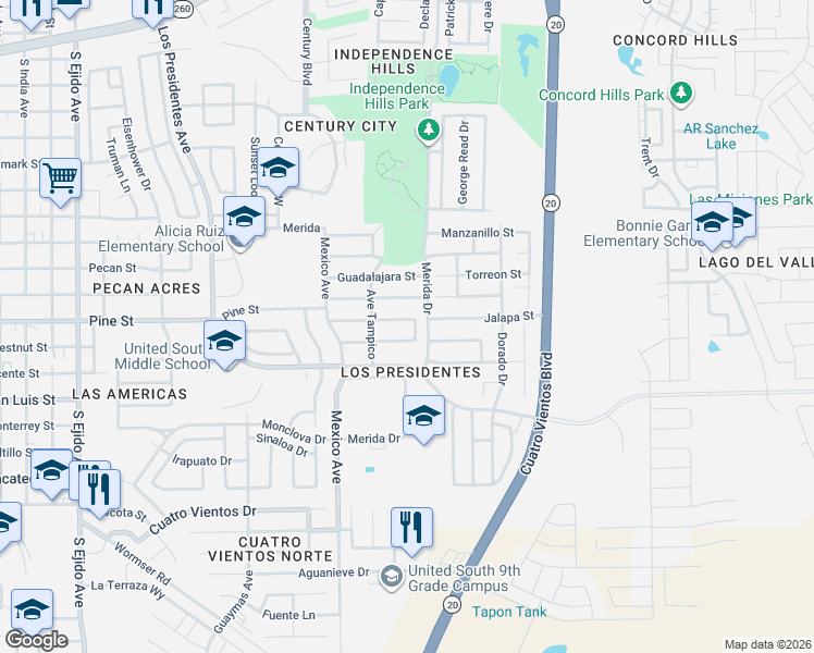map of restaurants, bars, coffee shops, grocery stores, and more near 4008 Calle Tuxpan in Laredo