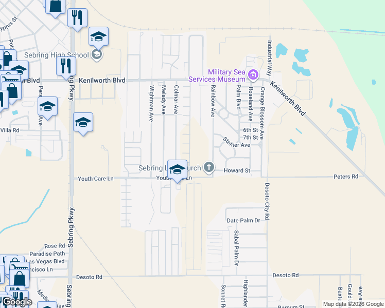map of restaurants, bars, coffee shops, grocery stores, and more near 1500 Las Villas Boulevard in Sebring