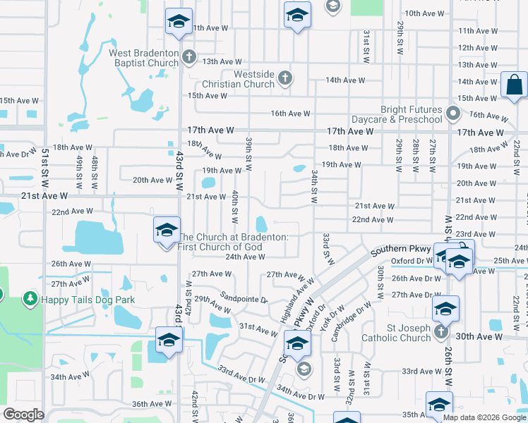 map of restaurants, bars, coffee shops, grocery stores, and more near 3801 21st Avenue West in Bradenton