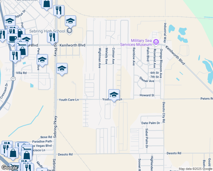 map of restaurants, bars, coffee shops, grocery stores, and more near 2021 Melady Avenue in Sebring