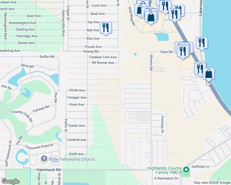 map of restaurants, bars, coffee shops, grocery stores, and more near South Crane Street in Sebring