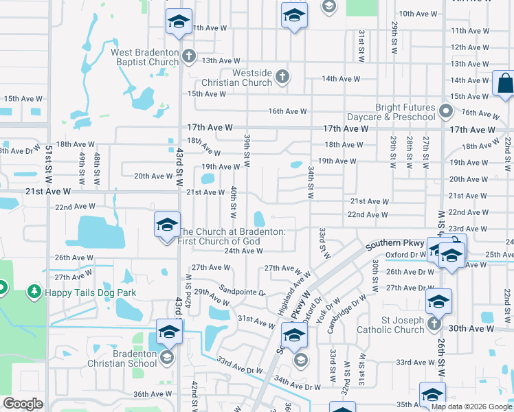 map of restaurants, bars, coffee shops, grocery stores, and more near 3801 21st Avenue West in Bradenton