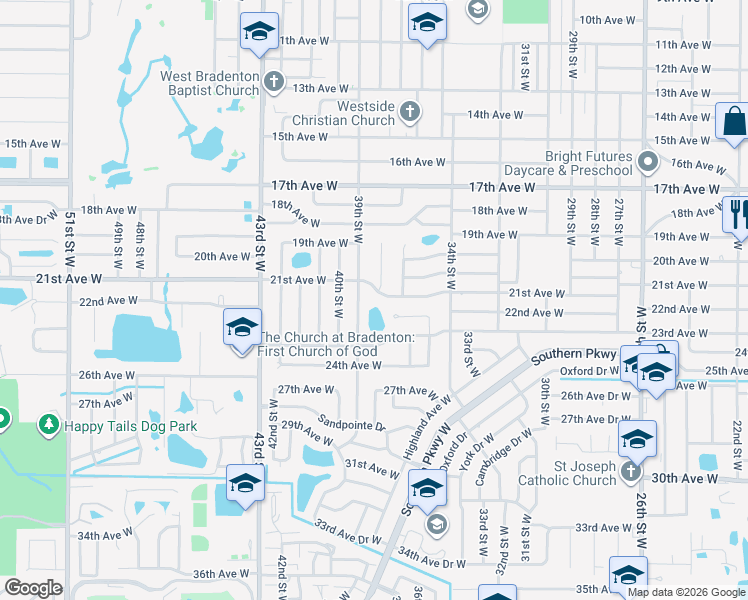 map of restaurants, bars, coffee shops, grocery stores, and more near 3801 21st Avenue West in Bradenton