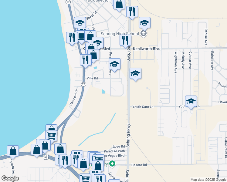 map of restaurants, bars, coffee shops, grocery stores, and more near 10 Persimmon Court in Sebring