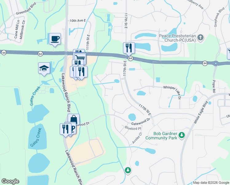 map of restaurants, bars, coffee shops, grocery stores, and more near 11415 Apple Tree Circle in Bradenton
