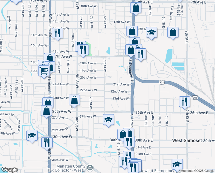 map of restaurants, bars, coffee shops, grocery stores, and more near 314 22nd Avenue West in Bradenton