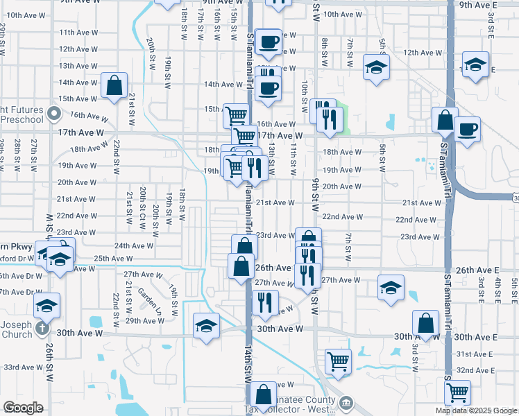 map of restaurants, bars, coffee shops, grocery stores, and more near 2207 Tamiami Trail in Bradenton