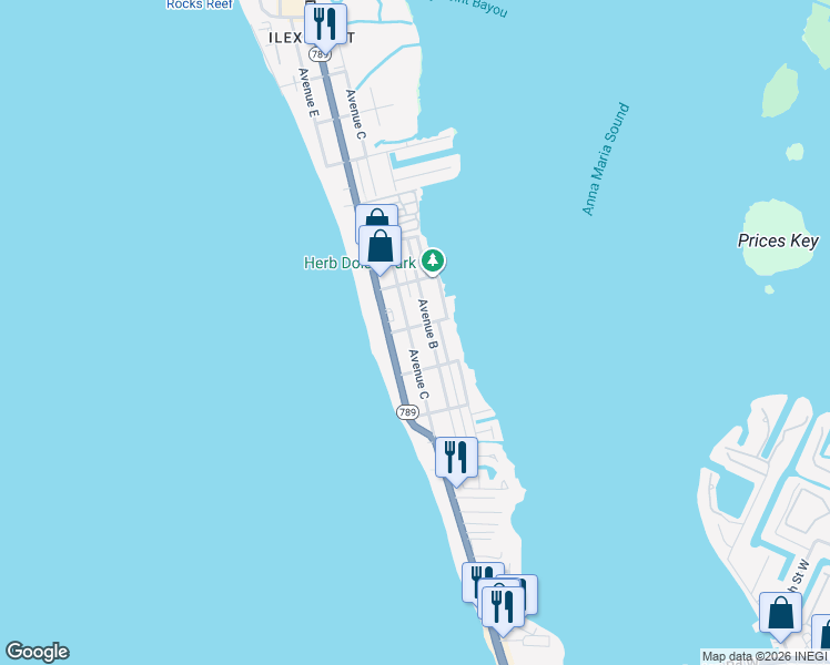 map of restaurants, bars, coffee shops, grocery stores, and more near 2313 Gulf Drive North in Bradenton Beach