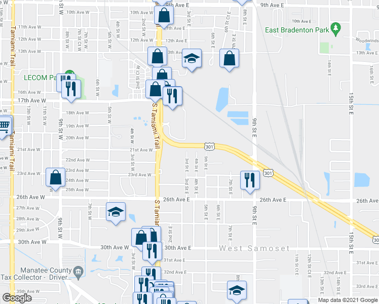 map of restaurants, bars, coffee shops, grocery stores, and more near 2101 3rd Street East in Bradenton