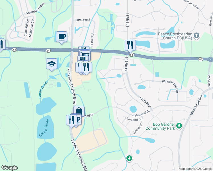 map of restaurants, bars, coffee shops, grocery stores, and more near 11438 Apple Tree Circle in Bradenton