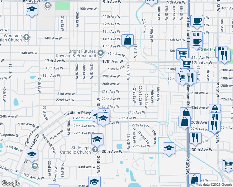 map of restaurants, bars, coffee shops, grocery stores, and more near 2203 24th Street West in Bradenton