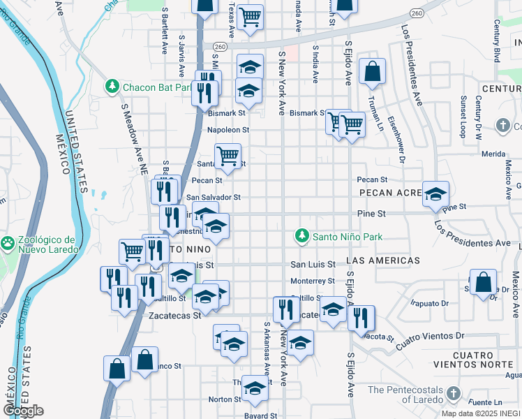 map of restaurants, bars, coffee shops, grocery stores, and more near 2707 Pine Street in Laredo
