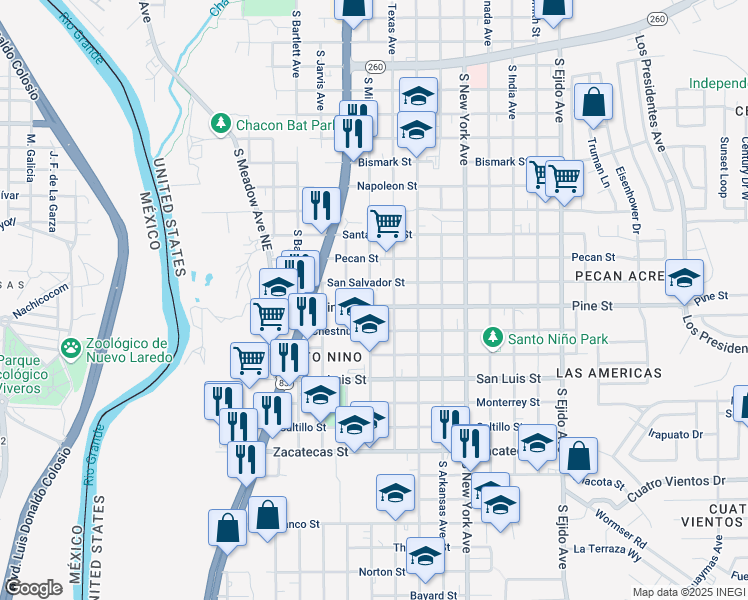 map of restaurants, bars, coffee shops, grocery stores, and more near 1903 South Martin Avenue in Laredo