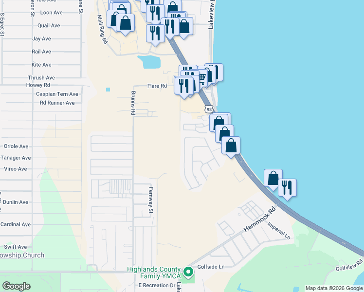 map of restaurants, bars, coffee shops, grocery stores, and more near 2001-2299 Caribbean Road West in Sebring