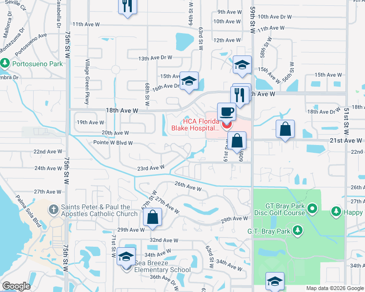 map of restaurants, bars, coffee shops, grocery stores, and more near 61058 Evergreen Circle in Bradenton