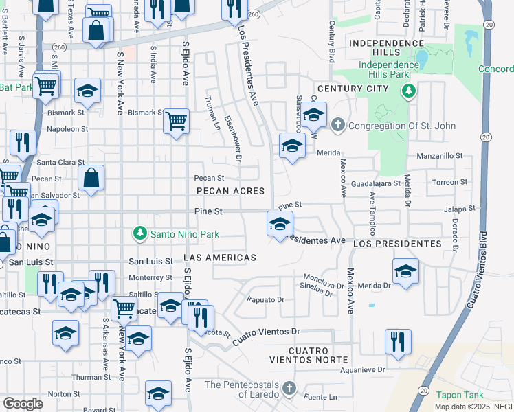 map of restaurants, bars, coffee shops, grocery stores, and more near 3520 San Salvador Street in Laredo