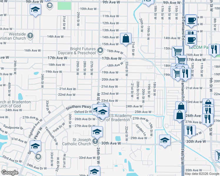 map of restaurants, bars, coffee shops, grocery stores, and more near 2321 20th Avenue West in Bradenton