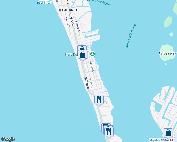 map of restaurants, bars, coffee shops, grocery stores, and more near 2412 Avenue C in Bradenton Beach