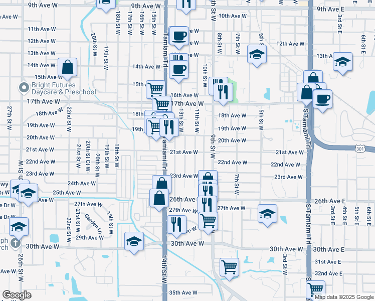 map of restaurants, bars, coffee shops, grocery stores, and more near 2001 12th Street West in Bradenton