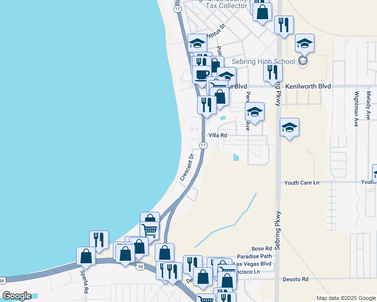 map of restaurants, bars, coffee shops, grocery stores, and more near 2630 Emerson Avenue in Sebring