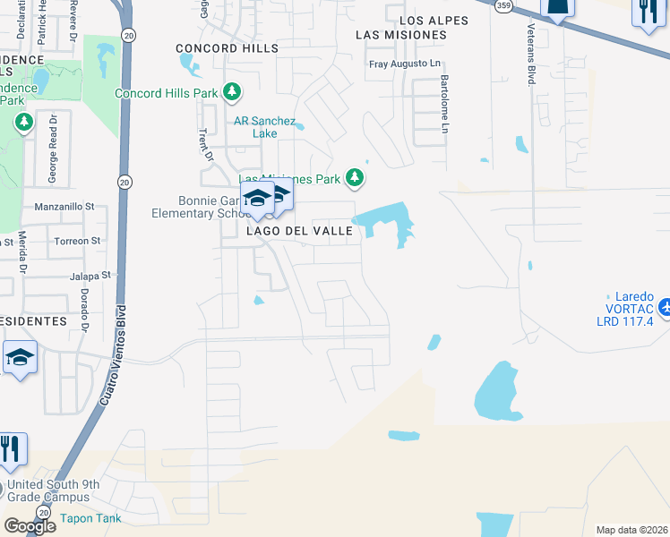 map of restaurants, bars, coffee shops, grocery stores, and more near 5530 Conroe Street in Laredo