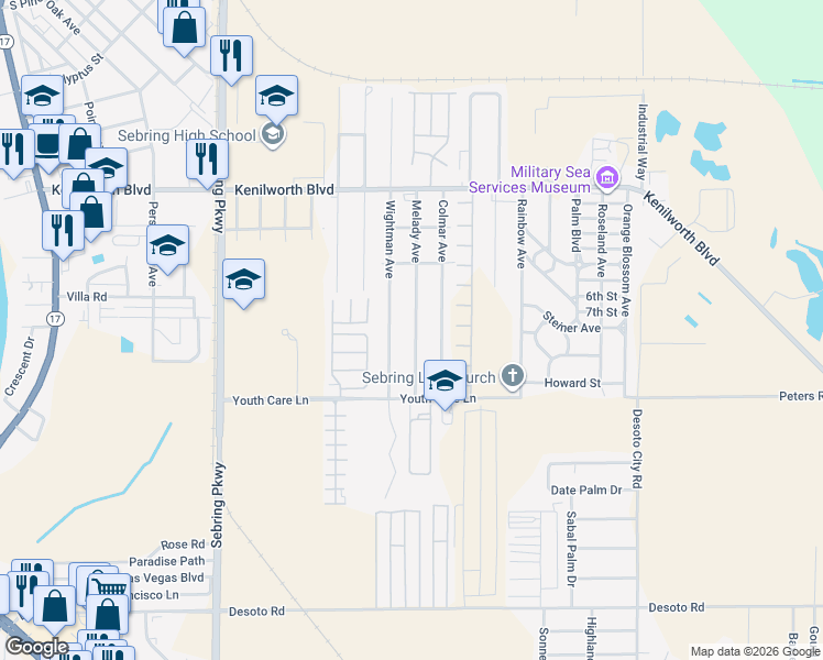 map of restaurants, bars, coffee shops, grocery stores, and more near 1915 Melady Avenue in Sebring