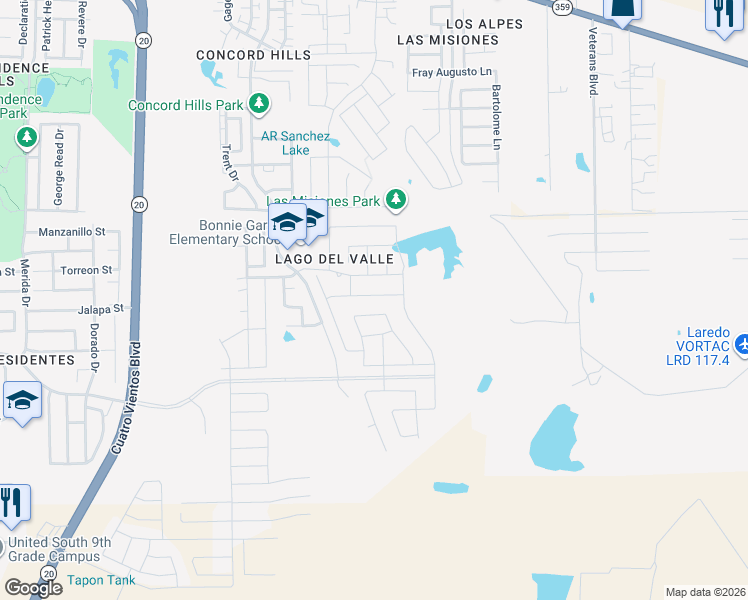 map of restaurants, bars, coffee shops, grocery stores, and more near 5530 Conroe Street in Laredo