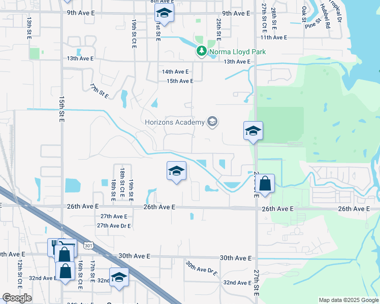 map of restaurants, bars, coffee shops, grocery stores, and more near 2301 Mizner Bay Avenue in Bradenton