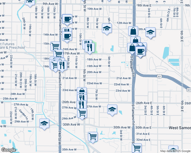 map of restaurants, bars, coffee shops, grocery stores, and more near 615 20th Avenue West in Bradenton