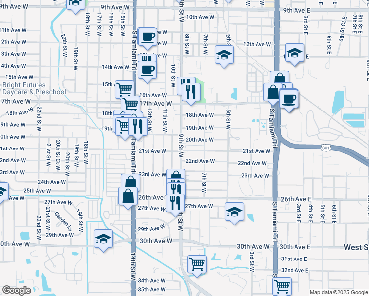 map of restaurants, bars, coffee shops, grocery stores, and more near 807 20th Avenue West in Bradenton