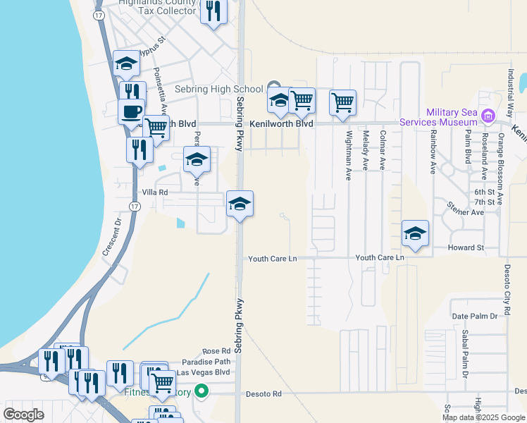 map of restaurants, bars, coffee shops, grocery stores, and more near 3550 Youth Care Lane in Sebring