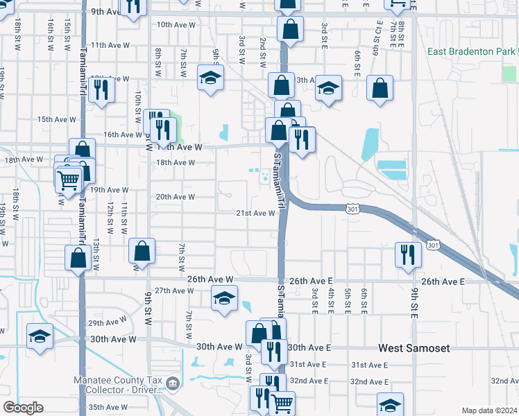 map of restaurants, bars, coffee shops, grocery stores, and more near 210 21st Avenue West in Bradenton
