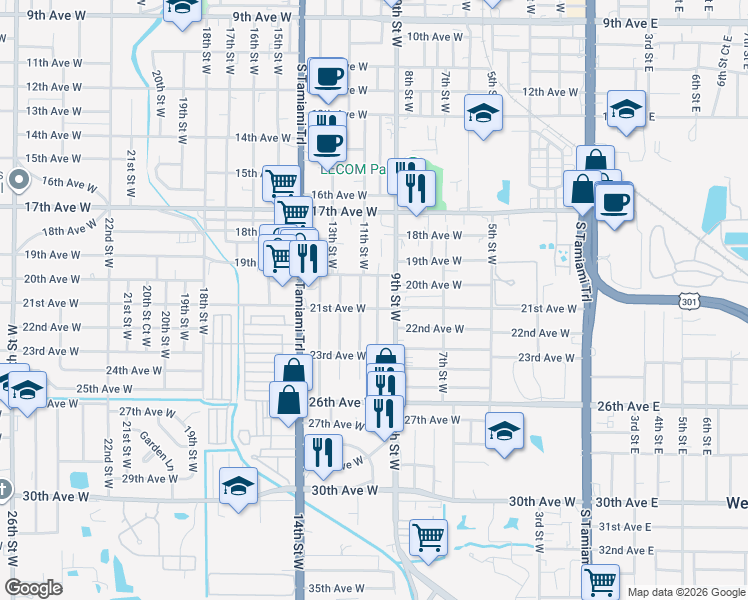 map of restaurants, bars, coffee shops, grocery stores, and more near 2000 9th Street West in Bradenton