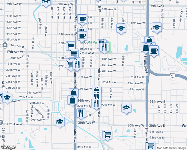 map of restaurants, bars, coffee shops, grocery stores, and more near 2000 9th Street West in Bradenton