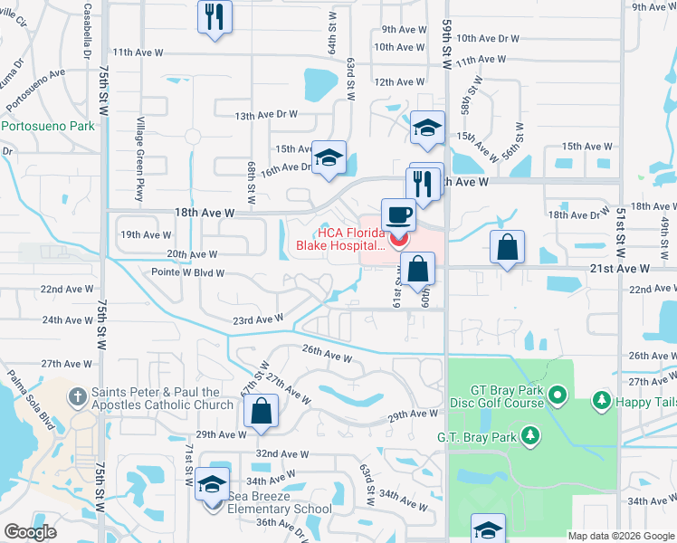 map of restaurants, bars, coffee shops, grocery stores, and more near 61058 Evergreen Circle in Bradenton