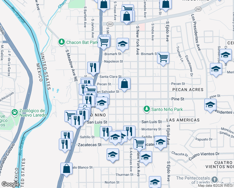 map of restaurants, bars, coffee shops, grocery stores, and more near 2602 San Salvador Street in Laredo