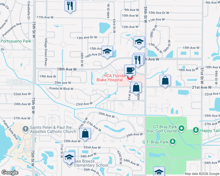 map of restaurants, bars, coffee shops, grocery stores, and more near 61058 Evergreen Circle in Bradenton