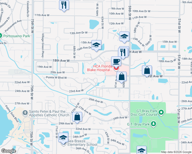 map of restaurants, bars, coffee shops, grocery stores, and more near 6105 Evergreen Circle in Bradenton