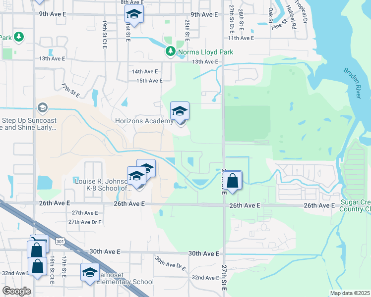 map of restaurants, bars, coffee shops, grocery stores, and more near 2345 Mizner Bay Avenue in Bradenton