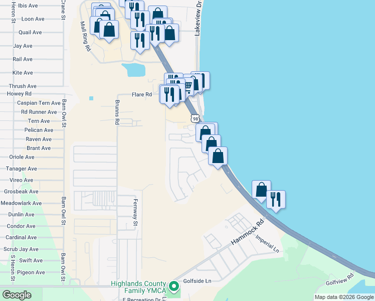 map of restaurants, bars, coffee shops, grocery stores, and more near 1504 Caribbean Rd N in Sebring