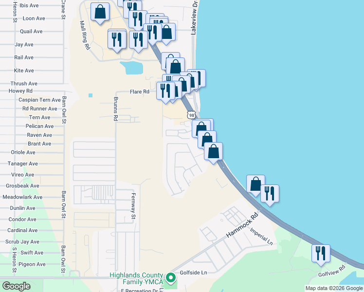 map of restaurants, bars, coffee shops, grocery stores, and more near 1504 Caribbean Rd N in Sebring